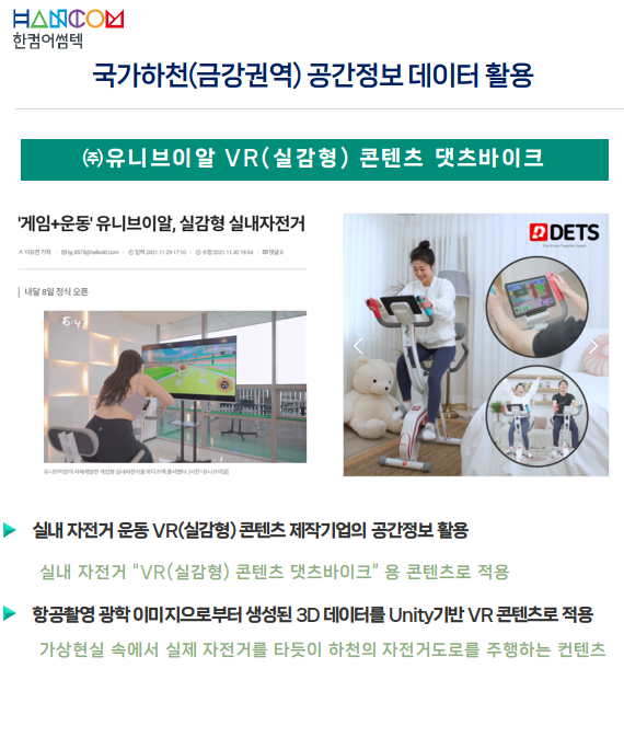 '실내 자전거 운동 VR(실감형) 콘텐츠 제작기업의 국가하천 공간정보 활용' 활용사례 썸네일 이미지